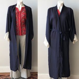 Vintage Navy & Cream Kimono Robe with Lace Trim